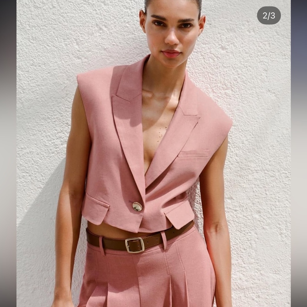 ZARA Cropped linen Sleeveless Blazer Vest in Coral Pink